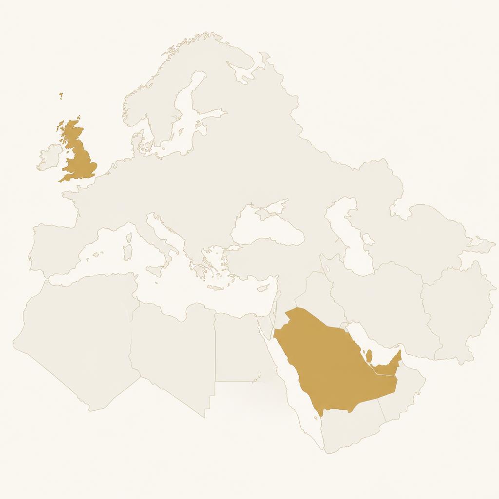Map showing the United Kingdom connected to Saudi Arabia, the UAE and Qatar in the Middle East